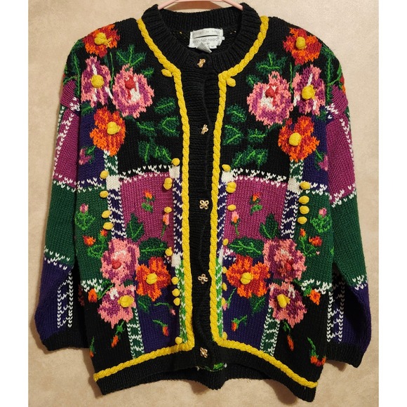Jennifer Reed Sweaters - Jennifer Reed Vintage Hand Knit Floral Cardigan Pom Pom Shoulder Pads Medium